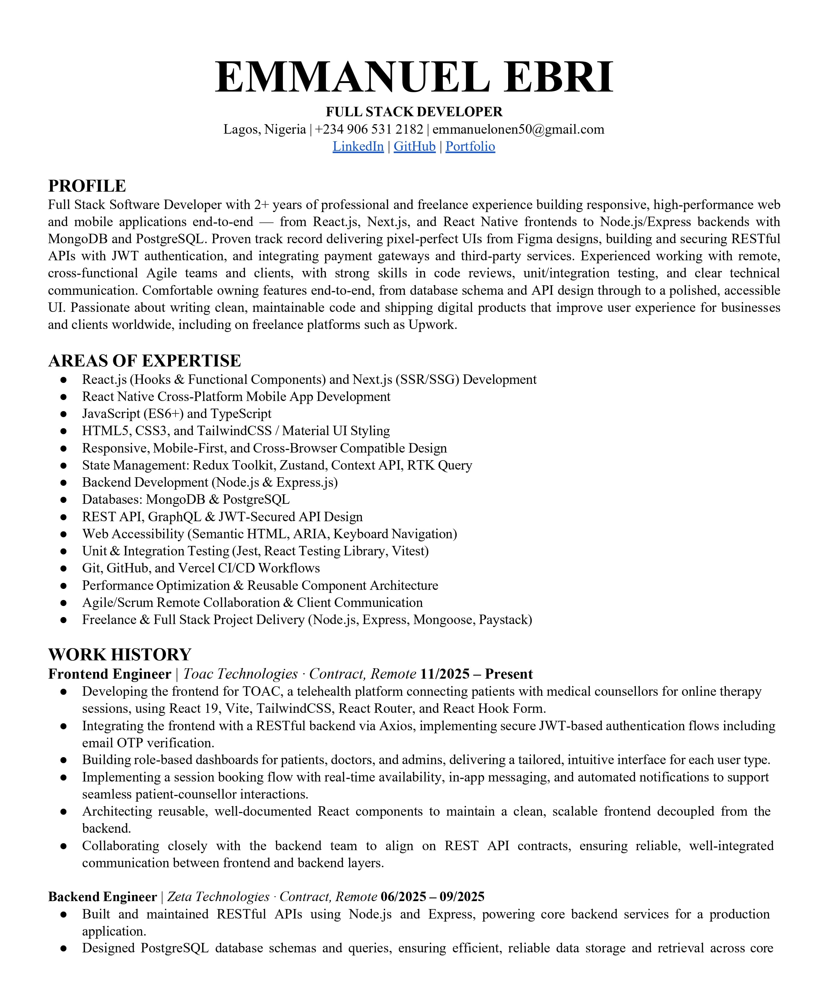 Emmanuel Ebri Fullstack resume, page 1