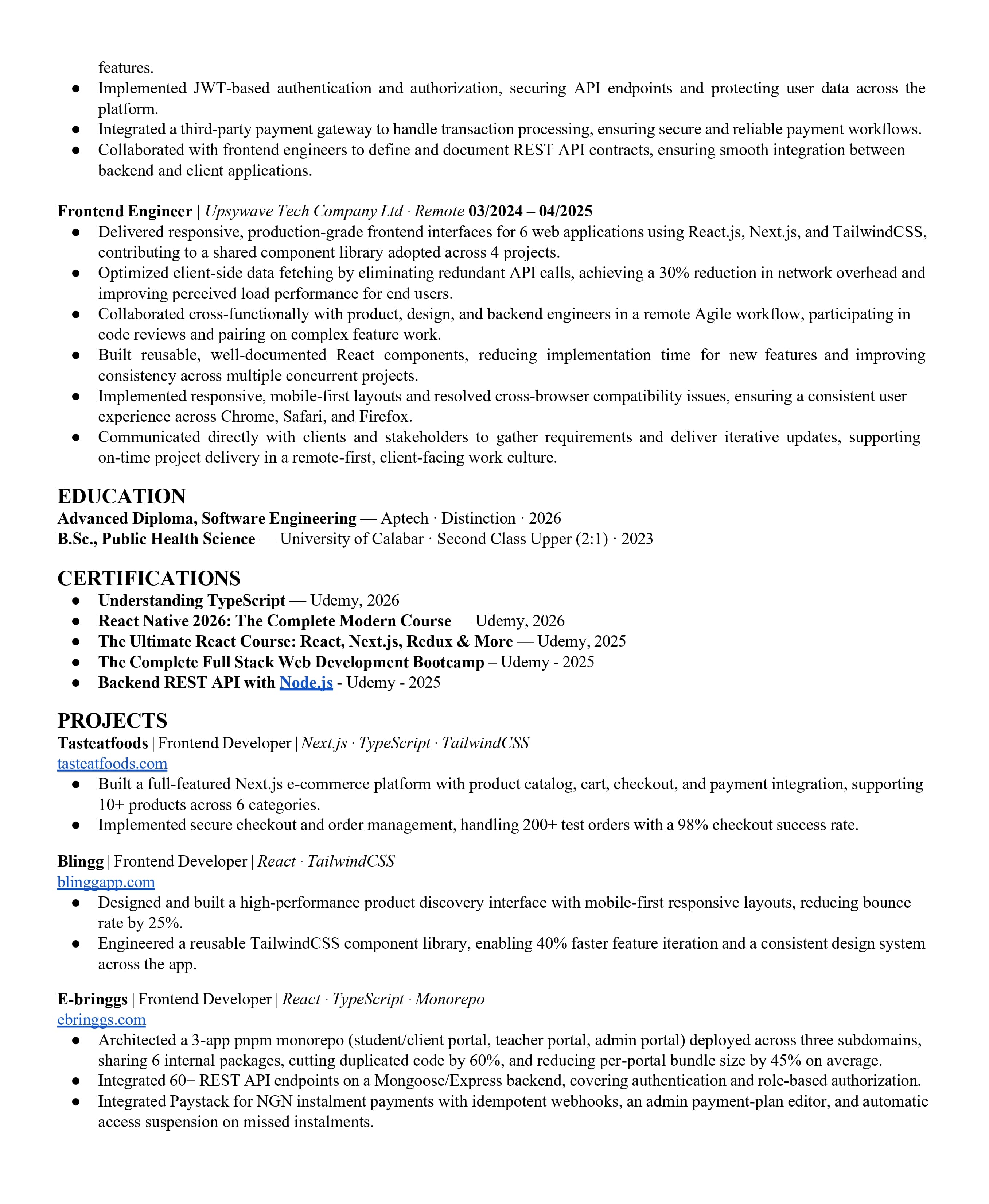 Emmanuel Ebri Fullstack resume, page 2
