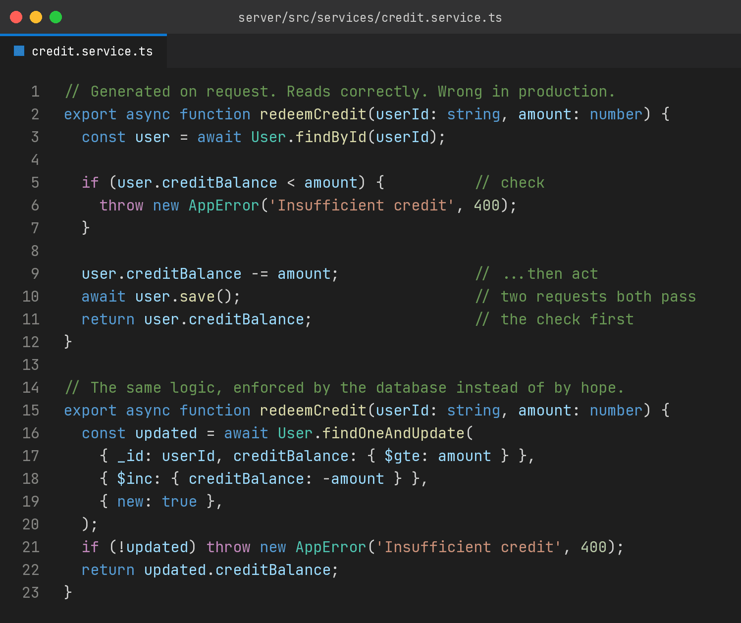 Two versions of a redeemCredit function in credit.service.ts, the second enforcing the balance check inside the query