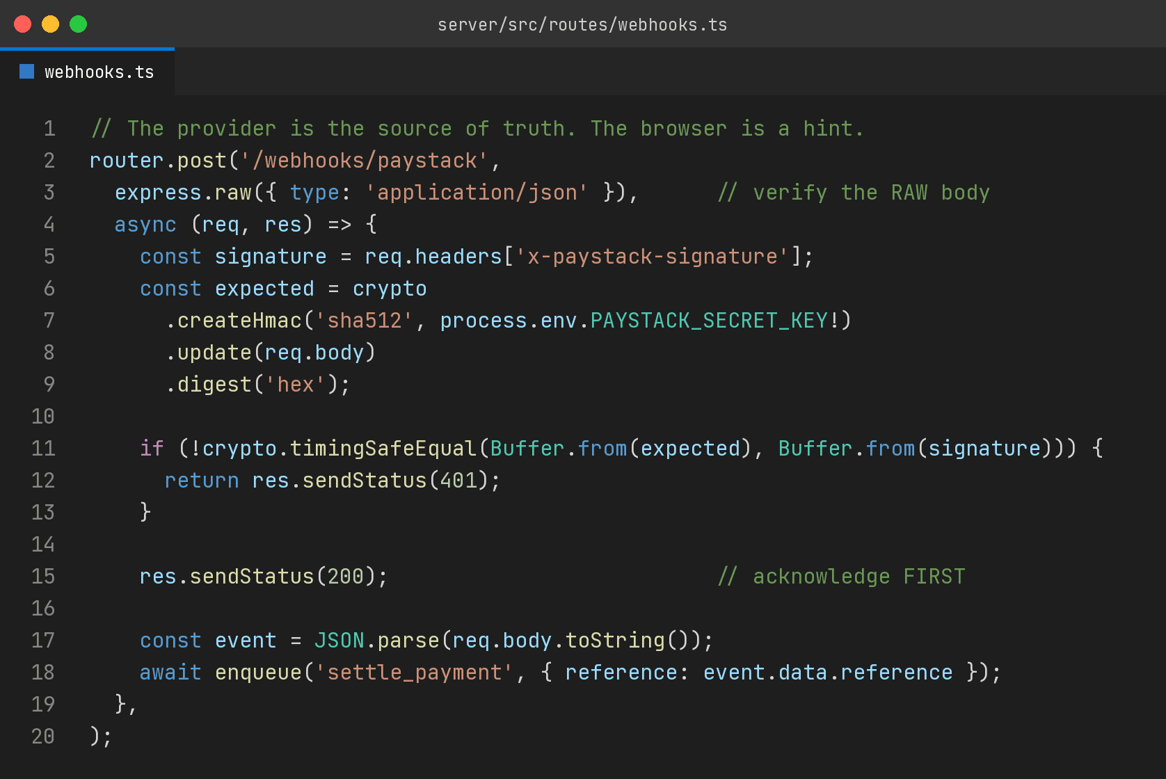 webhooks.ts verifying a Paystack signature against the raw request body, then acknowledging before enqueueing the work