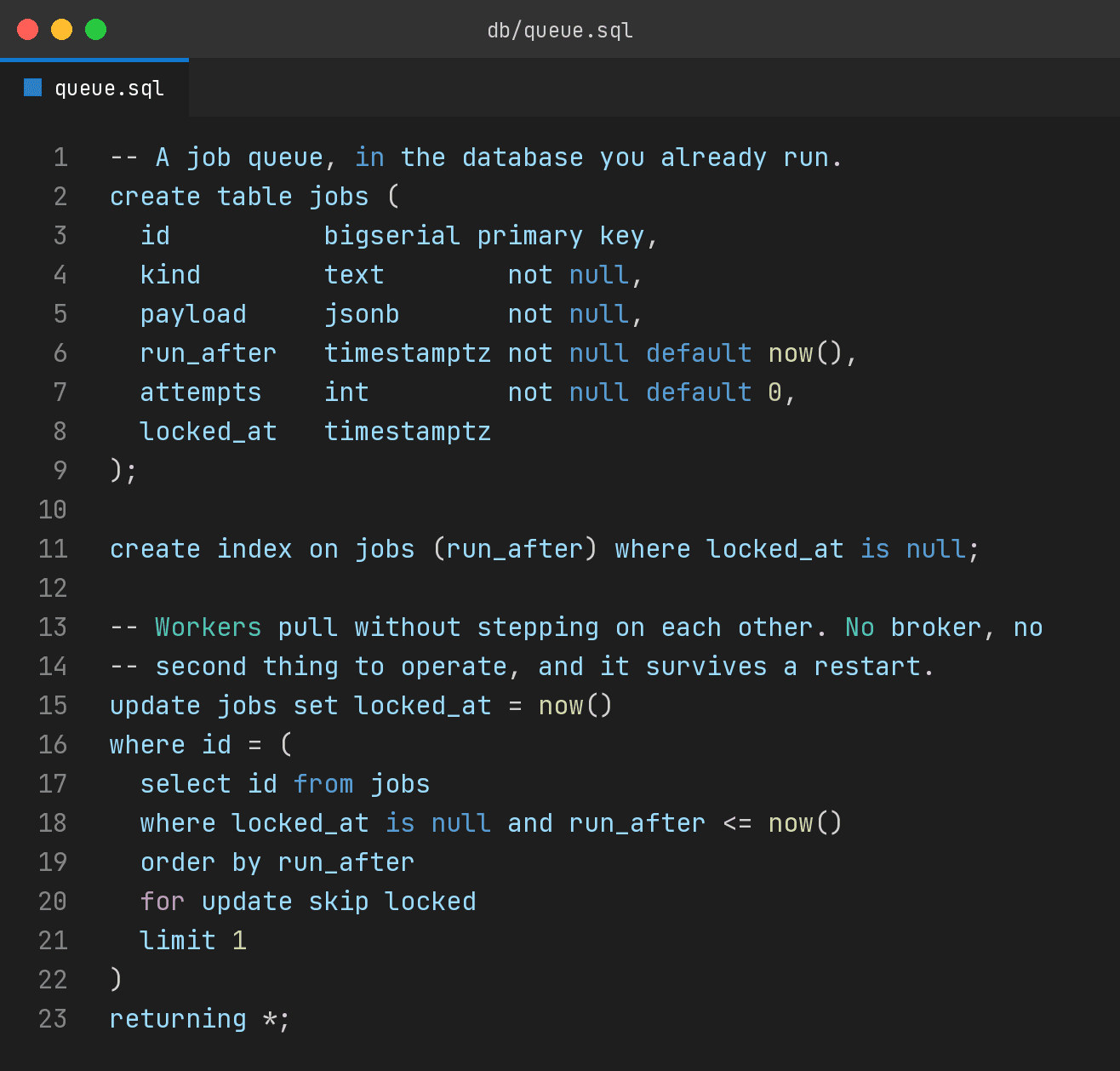 queue.sql creating a jobs table and claiming work with FOR UPDATE SKIP LOCKED