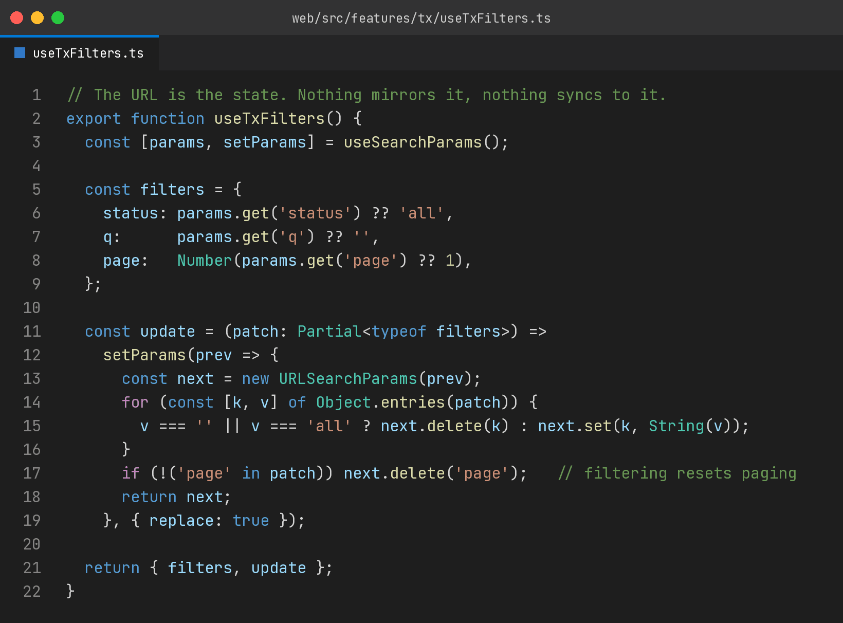 useTxFilters.ts reading filter state directly from URL search params with no mirrored local state