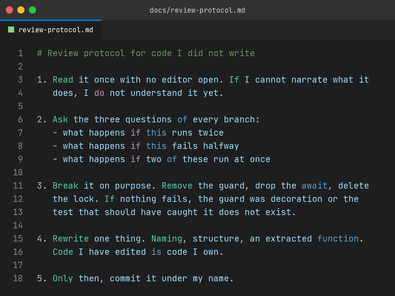 A review-protocol.md file listing five numbered steps for reviewing code you did not write