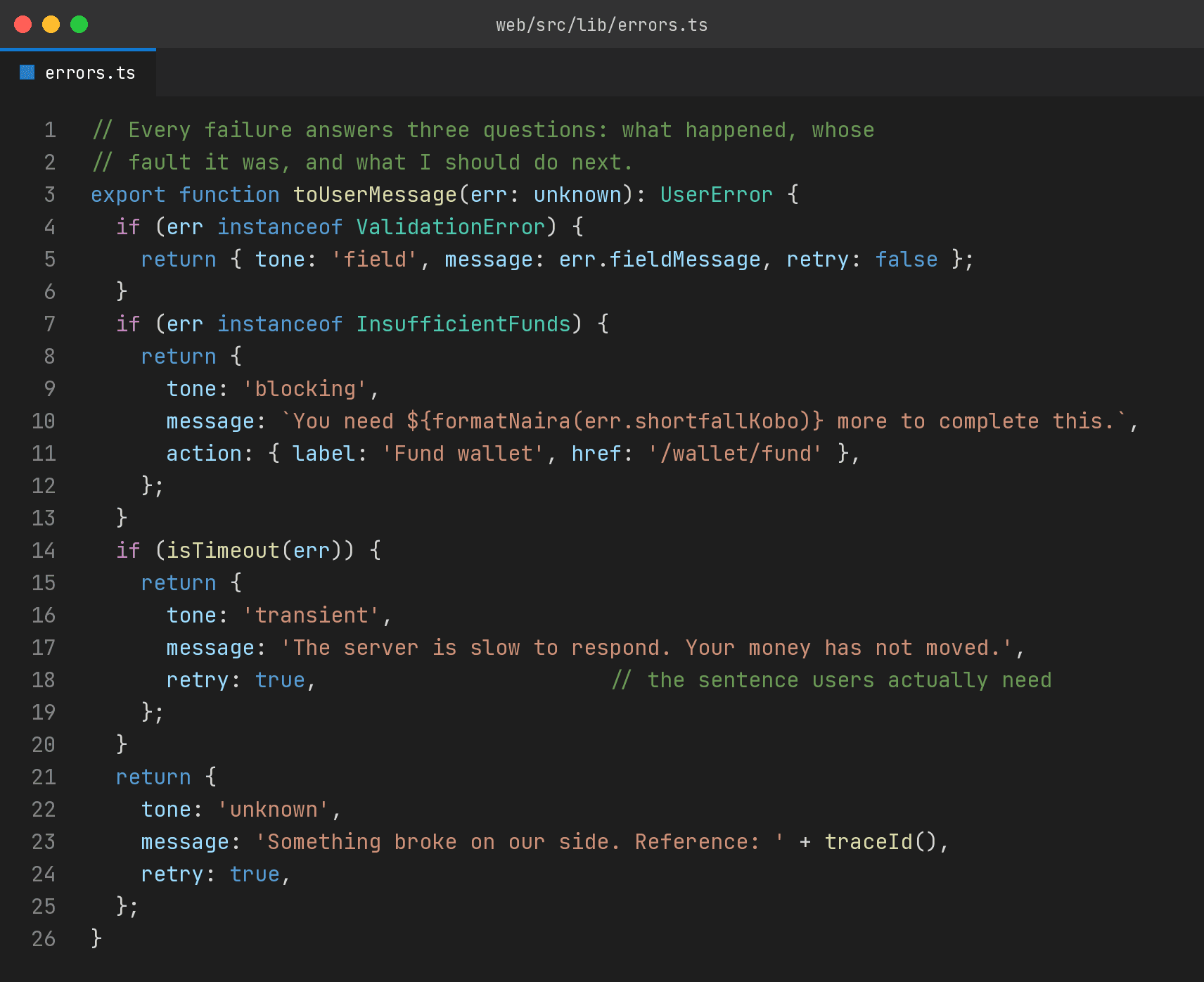errors.ts mapping thrown errors into four kinds of user-facing message with tone, message and retry flags